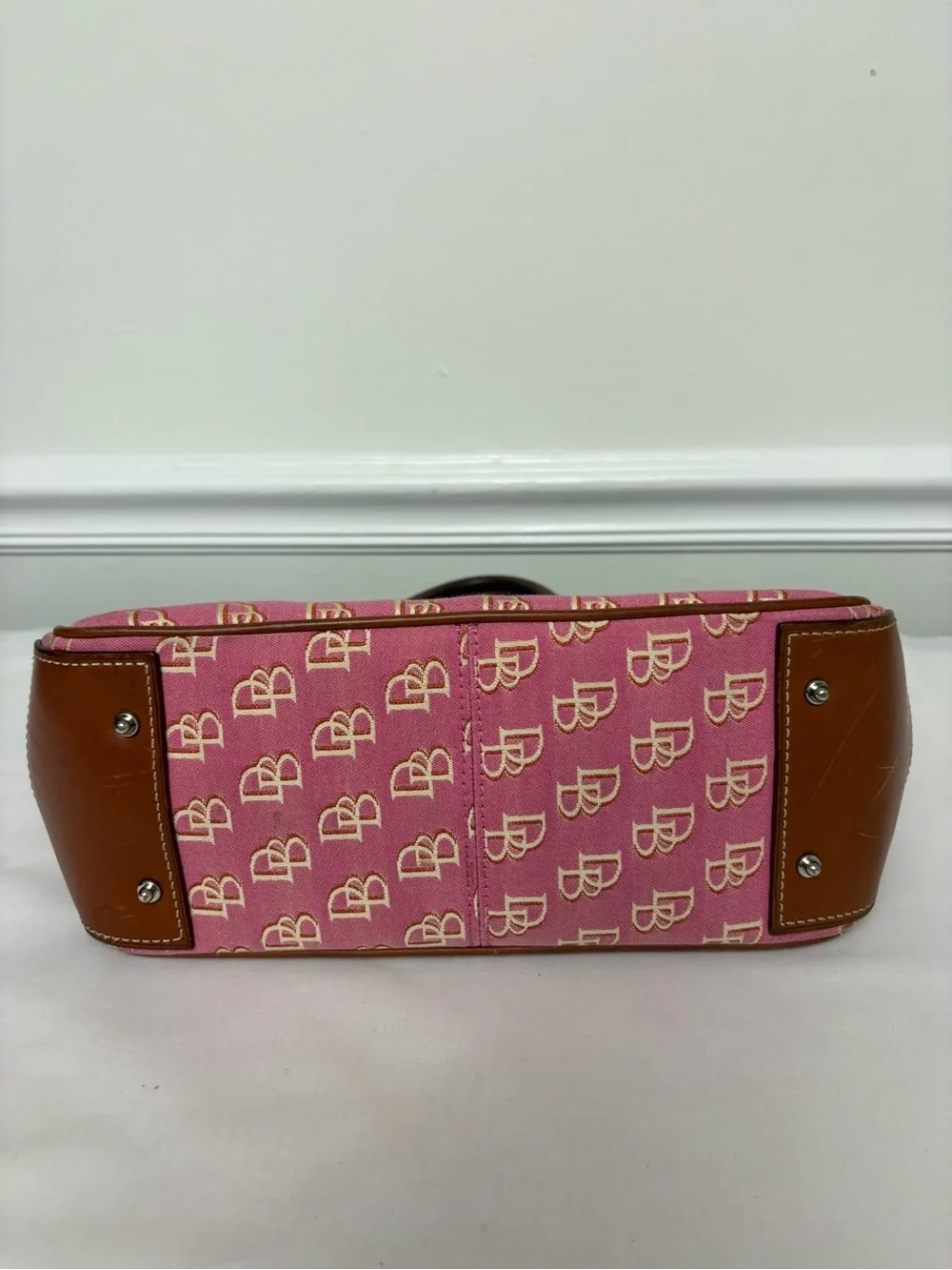 Dooney & Bourke Pink Logo Satchel with Brown Leather Trim